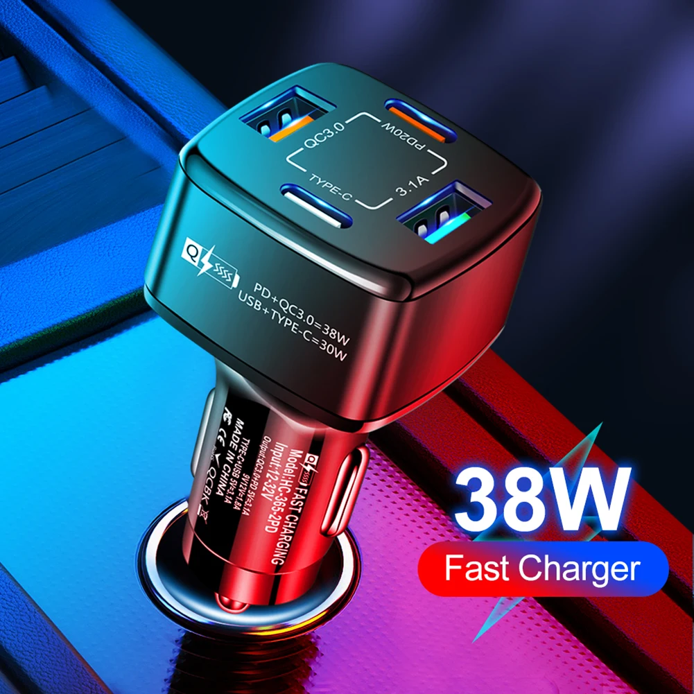 

4-Port Car Charger For Phone Fast Charge PD 20W Type C USB Adapter 38w PD+qc3.0 3.1A 2USB Fast Charging Car Charger Dual Line Ca