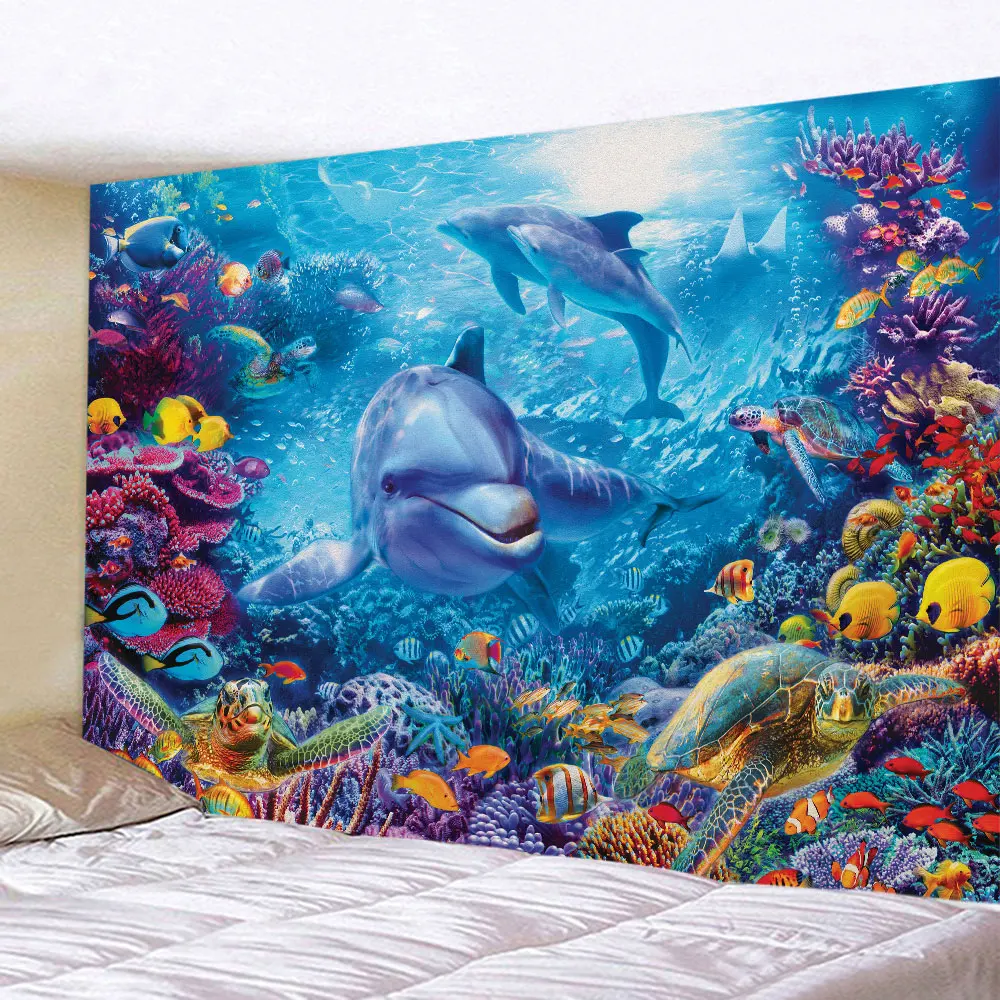

Beautiful 3D Printed Underwater World Tapestry Wall Hanging Dolphin Fishes Turtle Tapestries Backdrop Picnic Blanket Table Cloth