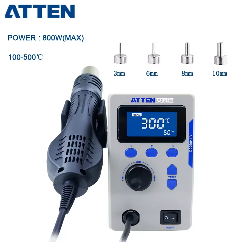 NEW2023 800W ST-8800D Heat Gun Adjustable Temperature Air Volume Anti-Static Hot Air Station BGA Solder Rework Station 110/220V
NEW2023 800W ST-8800D Heat Gun Adjustable Temperature Air Volume Anti-Static Hot Air Station BGA Solder Rework Station 110/220V