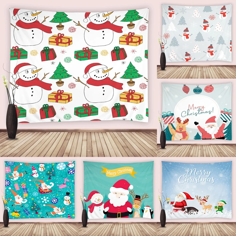 

Snowman Christmas Tree Tapestry Wall Hanging Cloth Cartoon Santa Claus Tapestries For Bedroom Living Room Dorm Decor Fabric Home