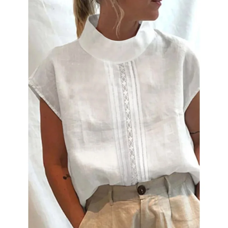 

Женские винтажные топы, женская блузка, однотонная хлопковая льняная Летняя Повседневная шикарная туника с лямкой вокруг шеи и кружевом в стиле пэчворк, белые блузки большого размера, блузки