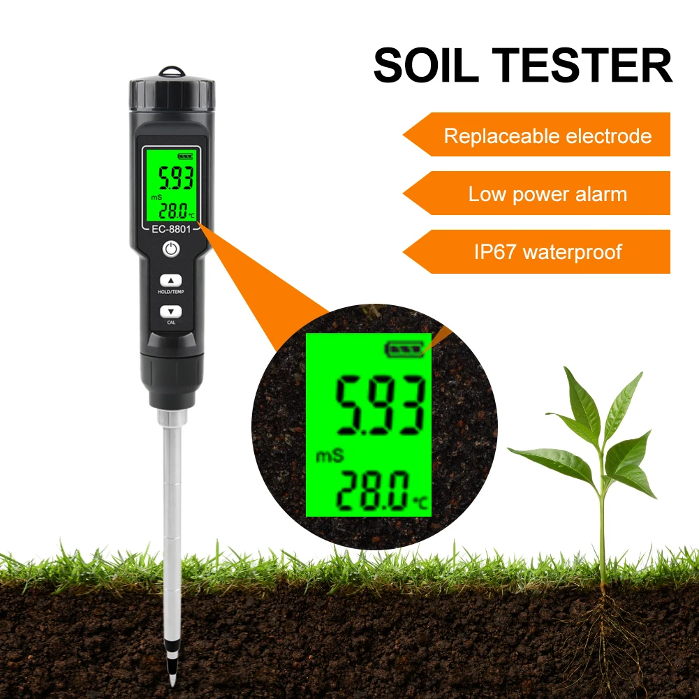 Soil Tester EC Temperature Meter Detachable Probe 0.00-10.00mS/cm Digital Soil Meter LCD Display Backlight Potted Plant Garden
Soil Tester EC Temperature Meter Detachable Probe 0.00-10.00mS/cm Digital Soil Meter LCD Display Backlight Potted Plant Garden