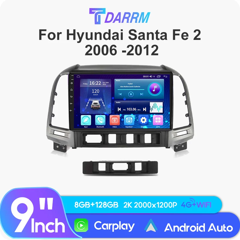 Автомагнитола 9 "Android 12 для Hyundai Santa Fe 2 2006 -2012 беспроводная автомобильная