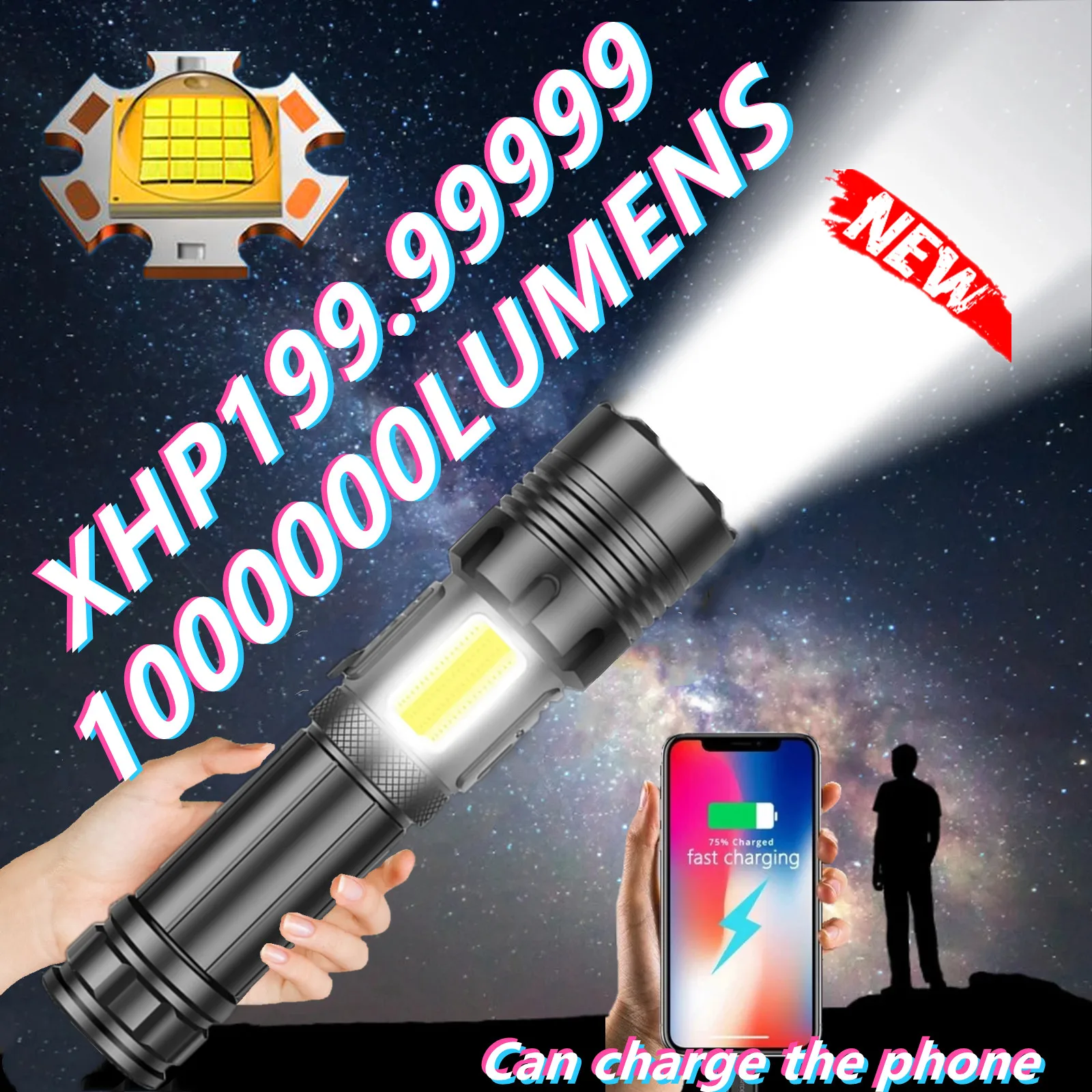 100000 Lumens XHP199.9 Powerful Flashlight 26650 XHP50 Rechargeable Flash Light High Power Tactical Torch LED flashlight Lantern
100000 Lumens XHP199.9 Powerful Flashlight 26650 XHP50 Rechargeable Flash Light High Power Tactical Torch LED flashlight Lantern