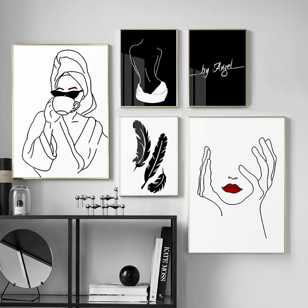 Abstract Single Line Face Black And White Feather Painting Girl Body Back Minimalism Wall Art Canvas Poster Nordic Home Decor 
Abstract Single Line Face Black And White Feather Painting Girl Body Back Minimalism Wall Art Canvas Poster Nordic Home Decor