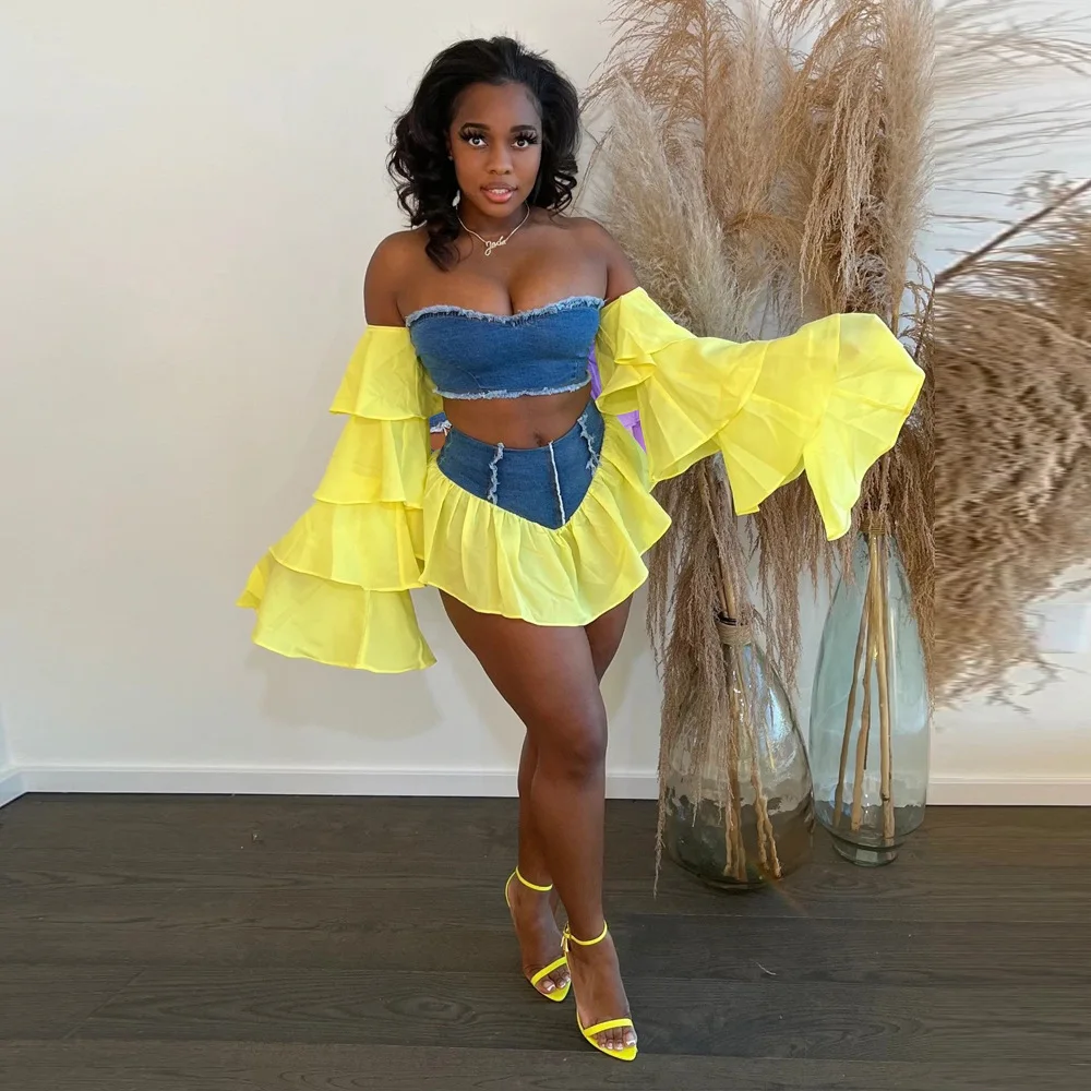 2022 Summer African Denim Sexy Clothing Women Two Piece Set Outfits Flare Long Sleeve Crop Top And Skirt Suit Chic Slim Wears
2022 Summer African Denim Sexy Clothing Women Two Piece Set Outfits Flare Long Sleeve Crop Top And Skirt Suit Chic Slim Wears