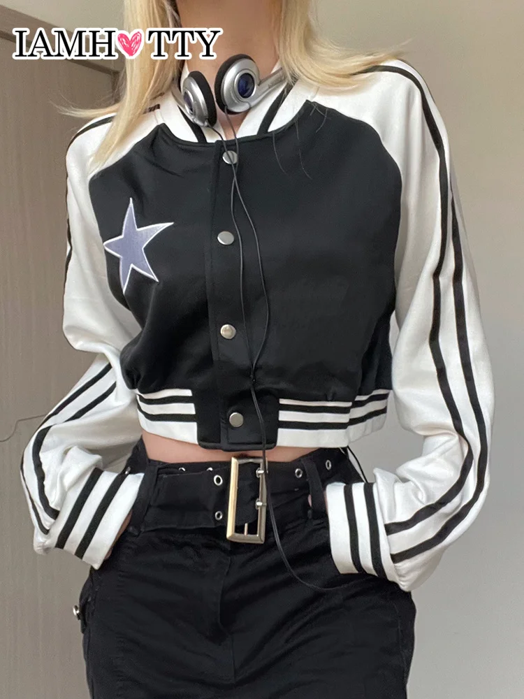 IAMHOTTY Star Print Patchwork Cropped Baseball Jacket Black Vintage Varsity Coat Women Streetwear Button Up Cardigan Punk Style
IAMHOTTY Star Print Patchwork Cropped Baseball Jacket Black Vintage Varsity Coat Women Streetwear Button Up Cardigan Punk Style