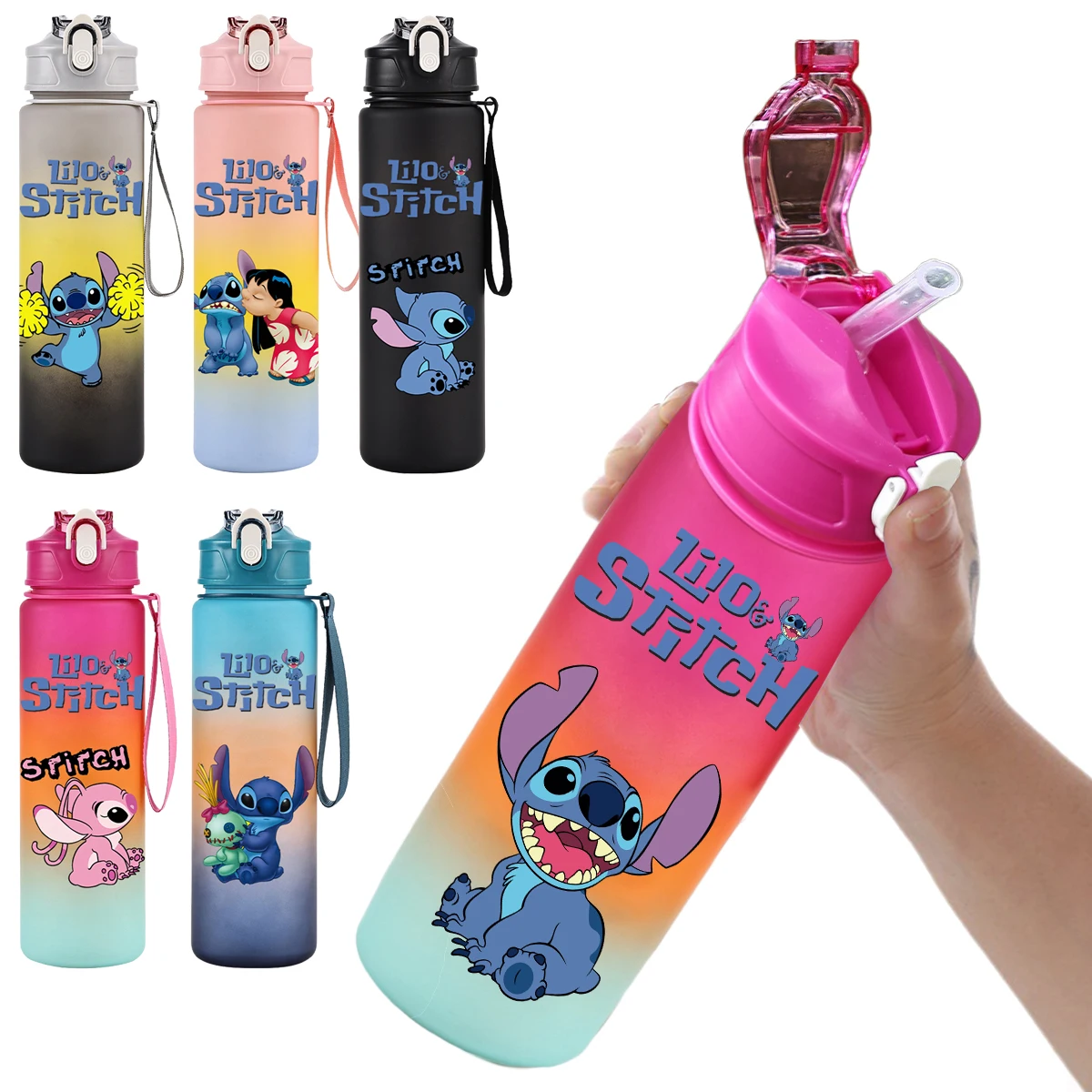 750 мл Disney Lilo Stitch пластиковая соломенная чашка для воды спортивная бутылка