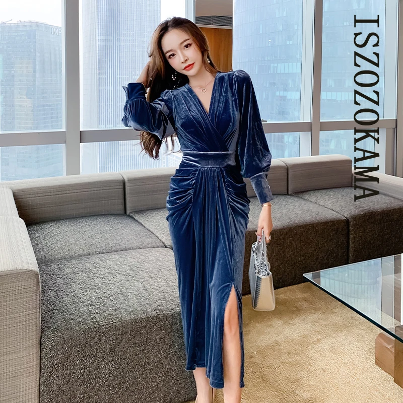 ISZOZOKAMA Autumn Maxi Dresses One piece Korea Ladies Blue long sleeved v-neck velvet Party dress for women clothing
ISZOZOKAMA Autumn Maxi Dresses One piece Korea Ladies Blue long sleeved v-neck velvet Party dress for women clothing