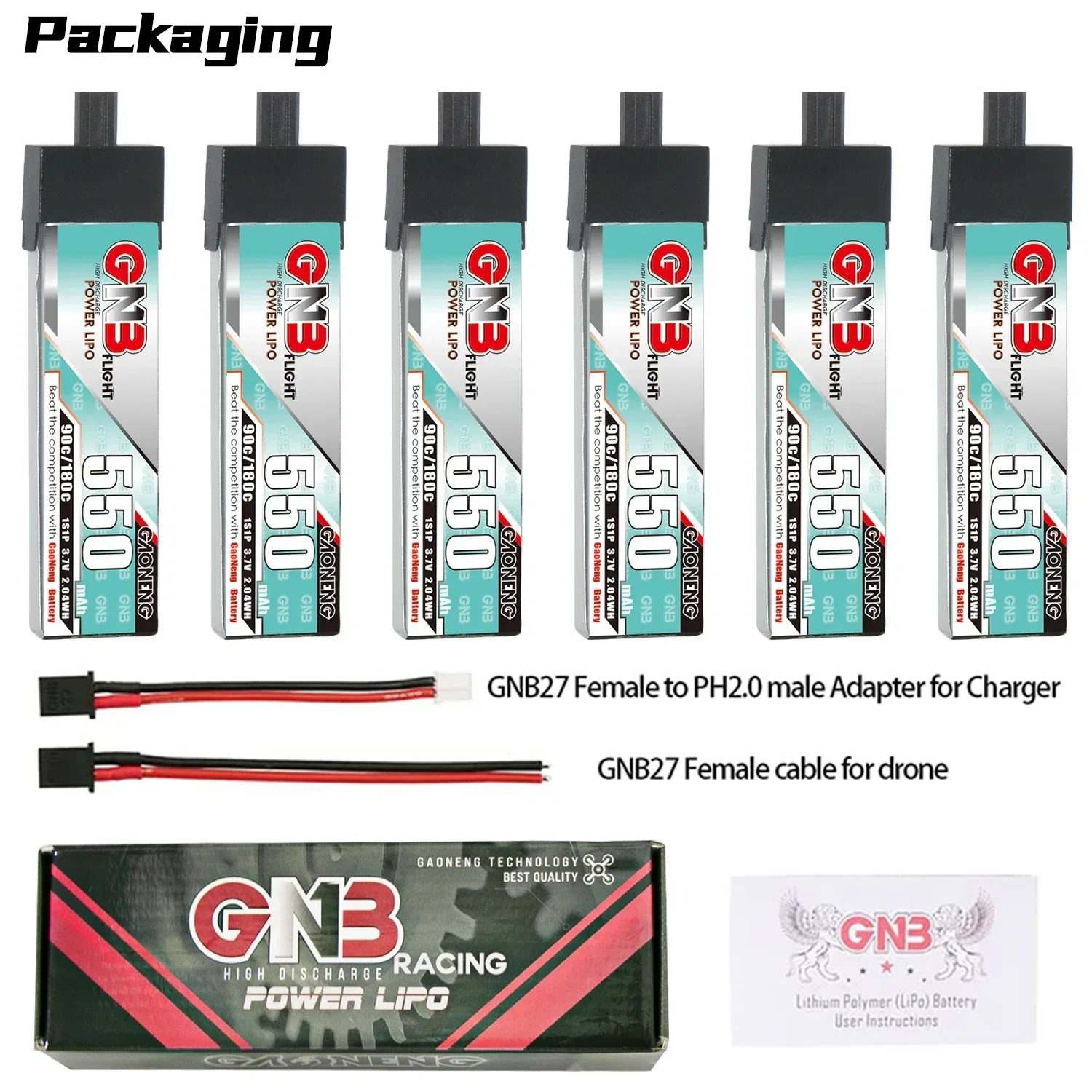 6PCS GAONENG GNB 1S 550mAh 3.7V 90C LiPo Battery With Large Current GNB27 Plug For RC FPV Drone DIY Connector Spare Parts
6PCS GAONENG GNB 1S 550mAh 3.7V 90C LiPo Battery With Large Current GNB27 Plug For RC FPV Drone DIY Connector Spare Parts