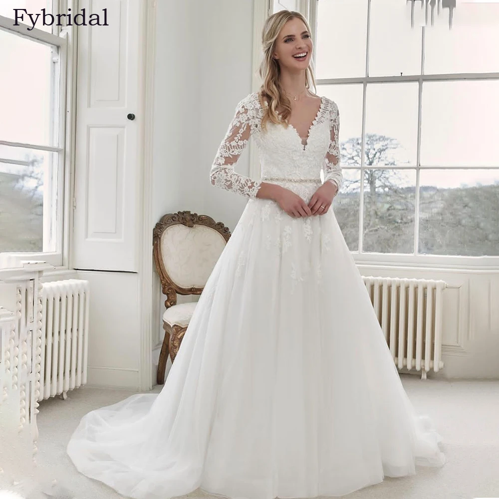 Wedding Dress Lace Appliques Long Sleeves V Neck Backless A Line Tulle Bride Dress Robe De Mariee Vestidos De Novia Custom Made 
Wedding Dress Lace Appliques Long Sleeves V Neck Backless A Line Tulle Bride Dress Robe De Mariee Vestidos De Novia Custom Made