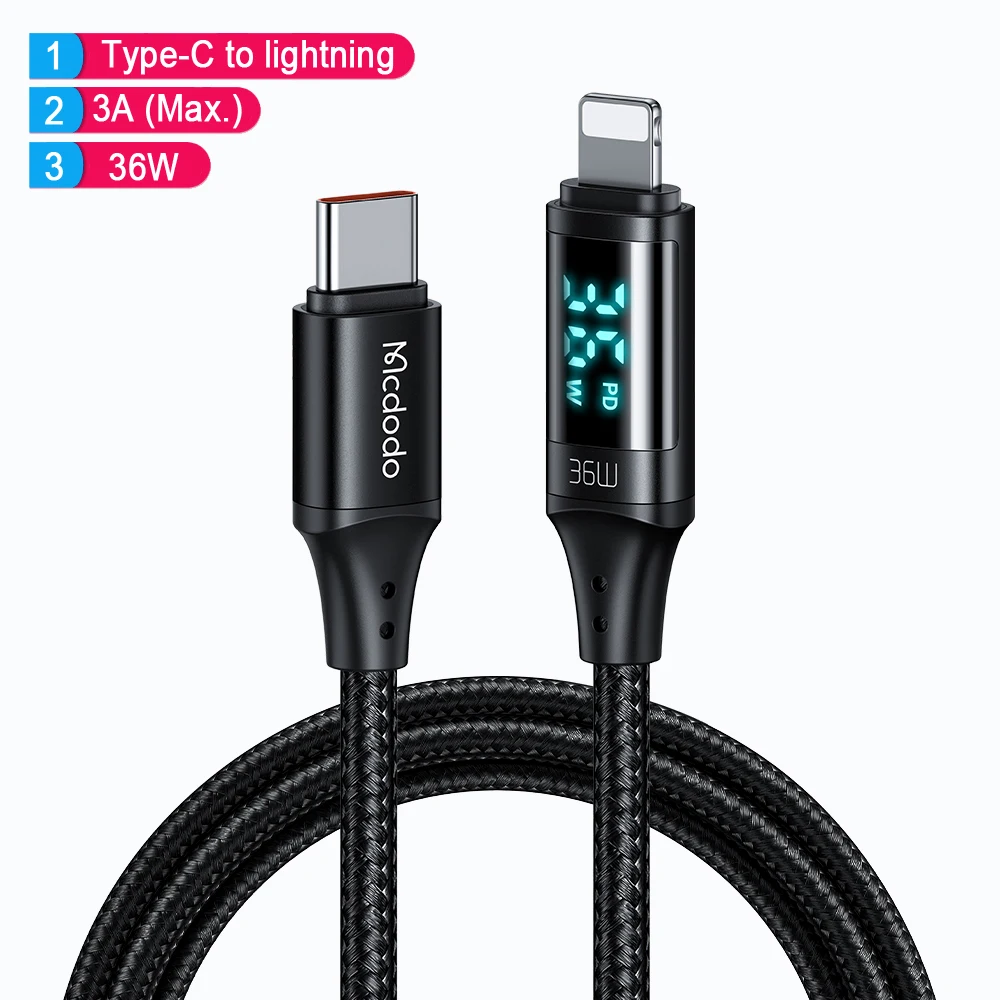 Mcdodo Type C 100W Digital Display Data Cord PD to Lightning Fast Charge Cable For iPhone 13 12 11 Pro Max iPad USB Charger Wire
Mcdodo Type C 100W Digital Display Data Cord PD to Lightning Fast Charge Cable For iPhone 13 12 11 Pro Max iPad USB Charger Wire
