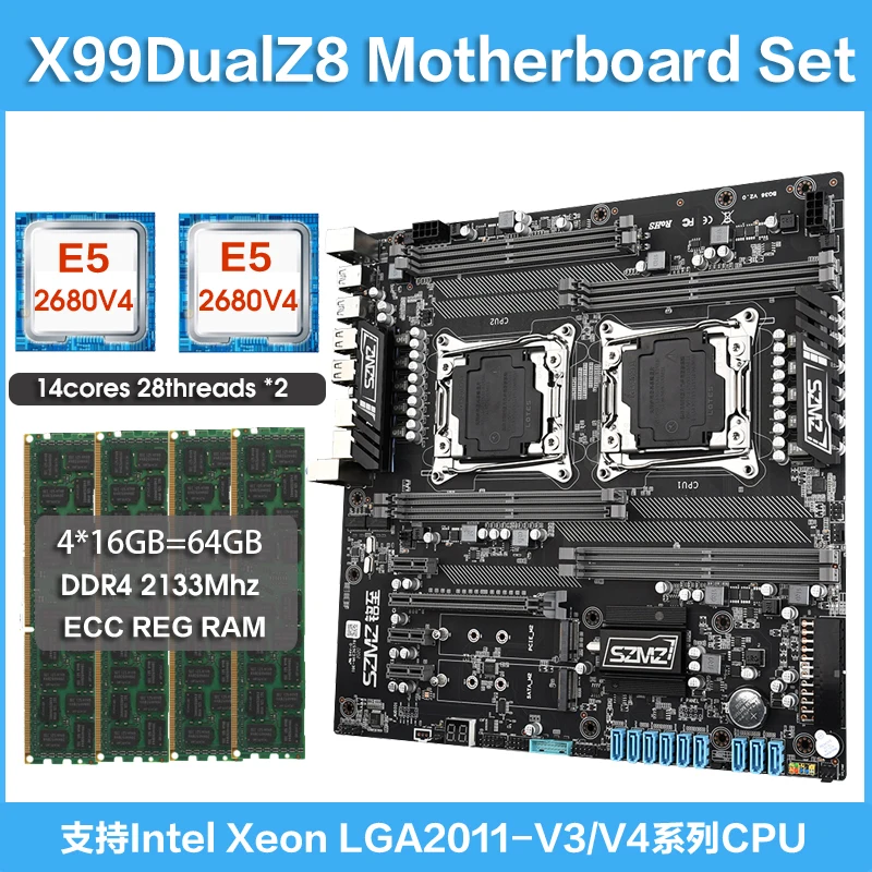 Комплект Dotherboard X99 Dual Z8 с 2 шт. процессоров XEON E5 2680 V4 и 4*16 ГБ = 64 Гб ddr4 2133 МГц ECC REG RAM
Комплект Dotherboard X99 Dual Z8 с 2 шт. процессоров XEON E5 2680 V4 и 4*16 ГБ = 64 Гб ddr4 2133 МГц ECC REG RAM