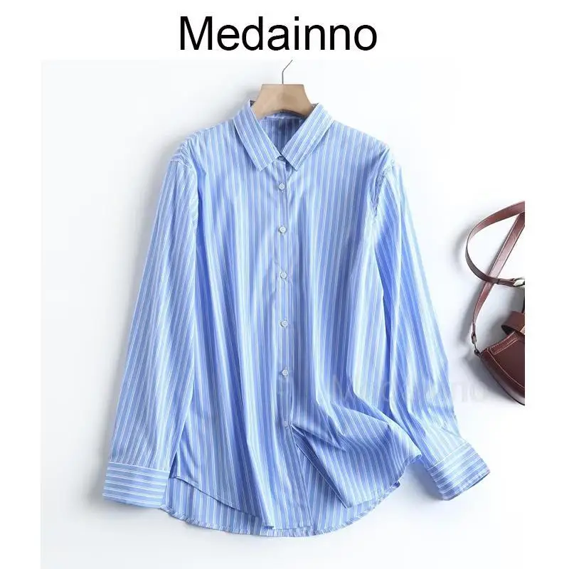 Medainno 2023 весна-лето модная женская новая синяя рубашка в двойную полоску повседневные свободные блузки универсальные простые женские шикар... 
Medainno 2023 весна-лето модная женская новая синяя рубашка в двойную полоску повседневные свободные блузки универсальные простые женские шикар...