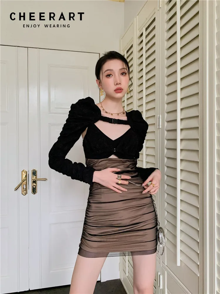 CHEERART 2 Piece Sexy Bodycon Dress For Women Patchwork Brown Tight Ladies Mini Dress With Shrug Fall 2022 Fashion Clothing 
CHEERART 2 Piece Sexy Bodycon Dress For Women Patchwork Brown Tight Ladies Mini Dress With Shrug Fall 2022 Fashion Clothing