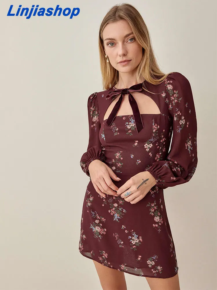 Summer women mini dress slim o neck floral print bow holiday hollow out lining long sleeves party short dresses 22520
Summer women mini dress slim o neck floral print bow holiday hollow out lining long sleeves party short dresses 22520