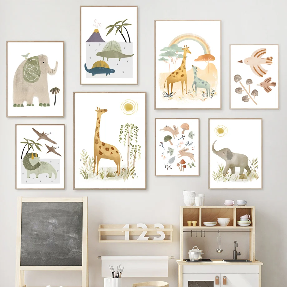 

Nursery Lion Giraffe Elephant Dinosaur Bird Baby Wall Art Canvas Painting Nordic Poster And Prints Wall Pictures Kids Room Decor