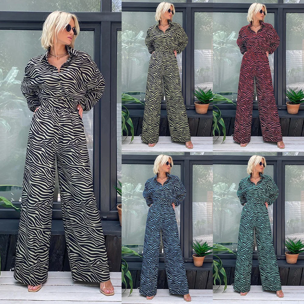 Women Vintage Zebra Pattern Jumpsuits Fashion Turn-Down Collar Long Sleeve Straight Romper Casual Loose Wide-Leg Pants Playsuits
Women Vintage Zebra Pattern Jumpsuits Fashion Turn-Down Collar Long Sleeve Straight Romper Casual Loose Wide-Leg Pants Playsuits