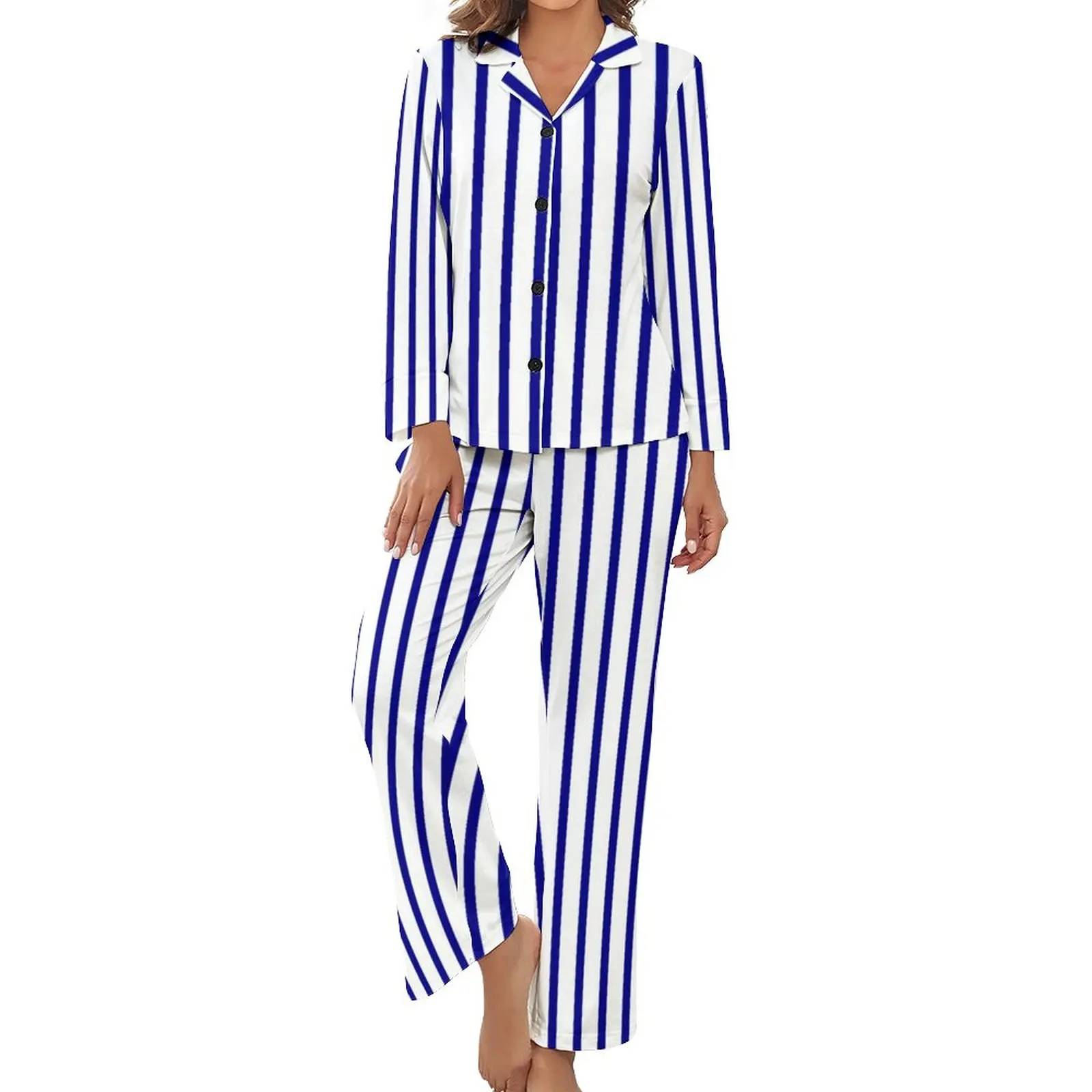 White And Blue Line Pajamas Lady Vintage Striped Print Elegant Home Suit Autumn Long Sleeve 2 Pieces Casual V Neck Pajama Sets
White And Blue Line Pajamas Lady Vintage Striped Print Elegant Home Suit Autumn Long Sleeve 2 Pieces Casual V Neck Pajama Sets