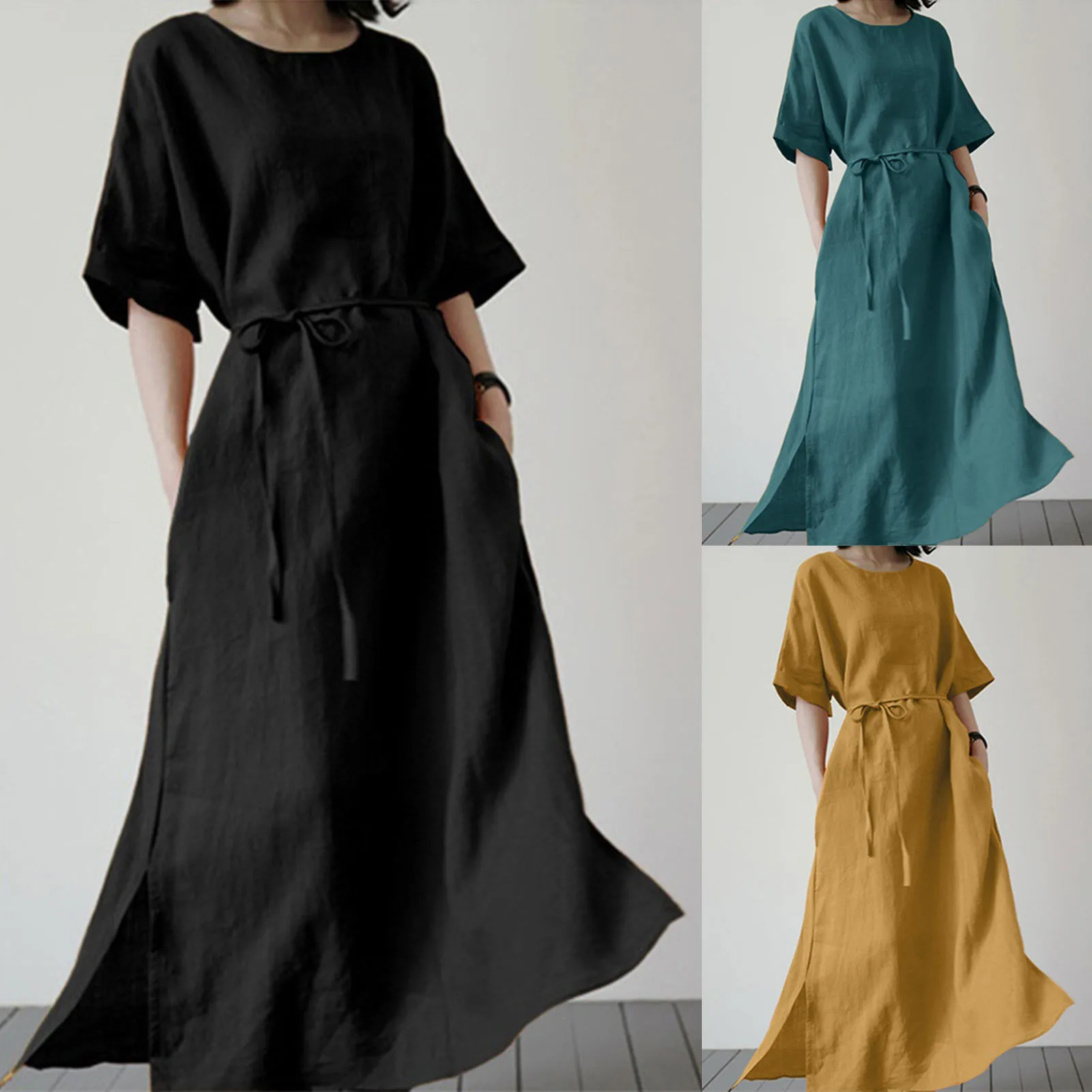Women Split Maxi Dress Solid Cotton Half Sleeve Dress Simple Fashion Pockets Round Neck Lace Up Beach Holiday Sundress
Women Split Maxi Dress Solid Cotton Half Sleeve Dress Simple Fashion Pockets Round Neck Lace Up Beach Holiday Sundress