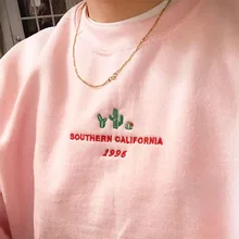 Southern 1996 California Cactus Embroidered Printing Women Pink Oversized Sweatshirts Crewneck Cotton Long Sleeve Pullovers