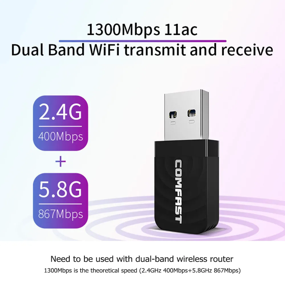 COMFAST CF-812AC Mini USB 3.0 Wireless Network Card 1300Mbps Ethernet WiFi Dongle Adapter Receiver 5.8/2.4GHz Dual Band
COMFAST CF-812AC Mini USB 3.0 Wireless Network Card 1300Mbps Ethernet WiFi Dongle Adapter Receiver 5.8/2.4GHz Dual Band