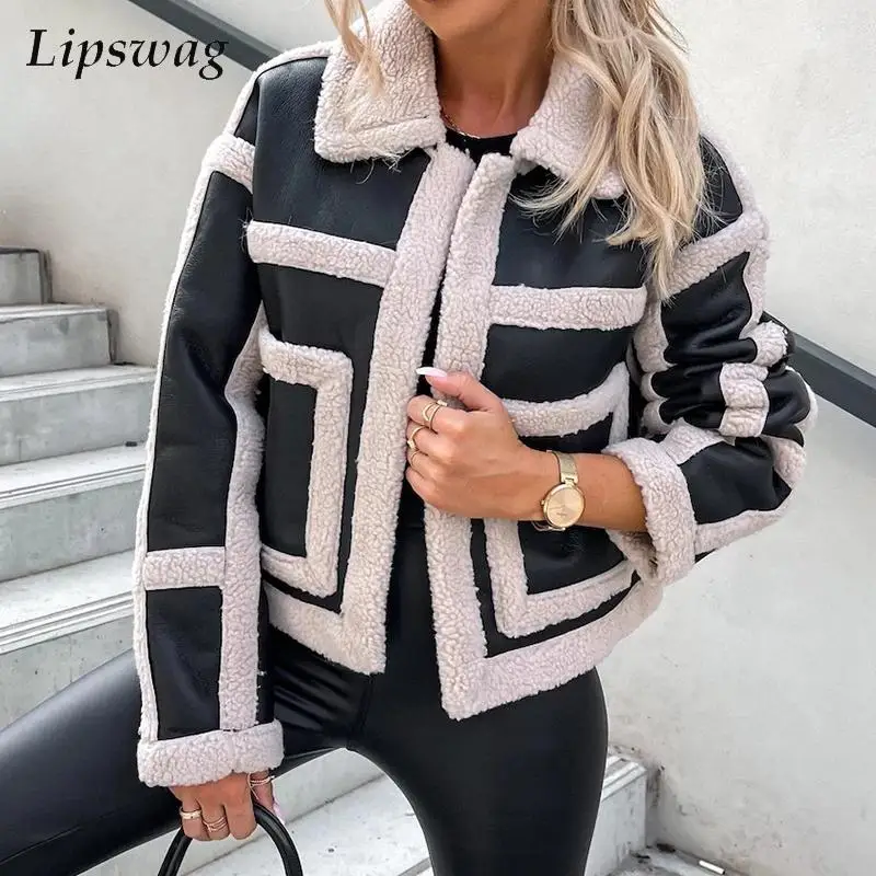 Женская укороченная куртка из ПУ кожи, с воротником с лацканами 
Женская укороченная куртка из ПУ кожи, с воротником с лацканами