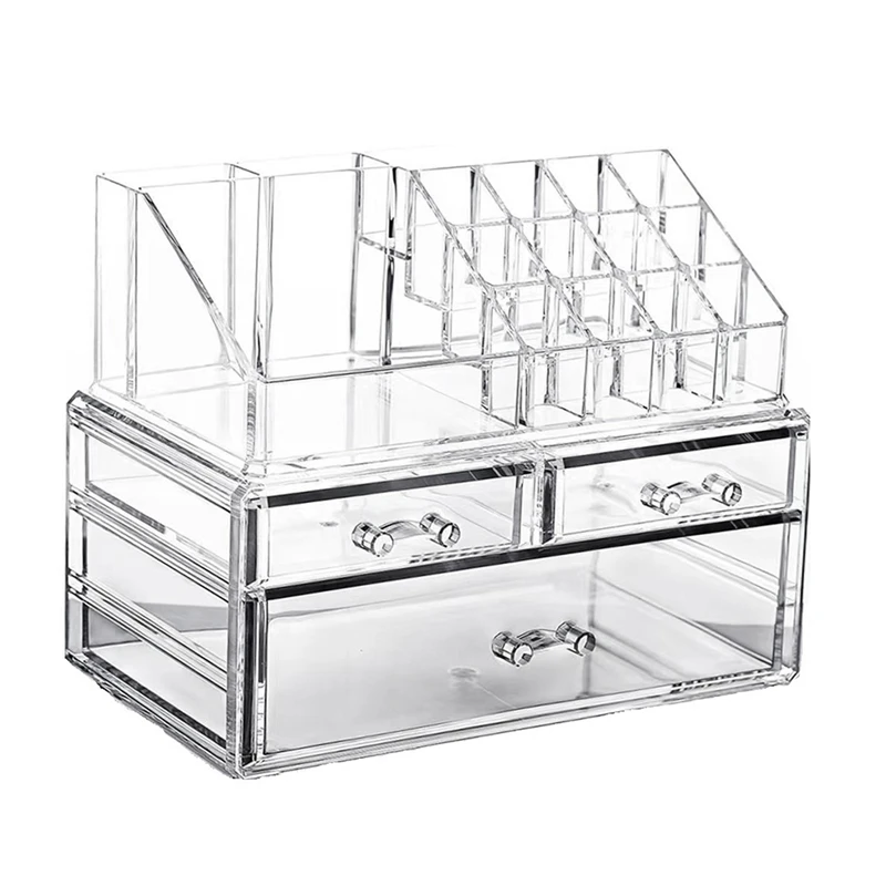 

Clear Makeup Organizer Plastic With 3 Drawers Removable Of Top Lipstick Holders Enhance Your Vanity, Bathroom,Dresser