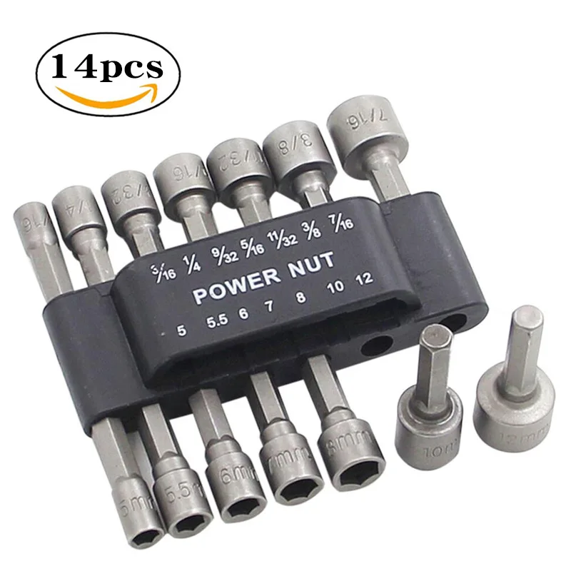 

9Pcs/14pcs Wrench 1/4" Screw Metric Driver Tool Set Adapter Drill Bit 5 To 13mm Hexagonal Shank Hex Nut Socket
