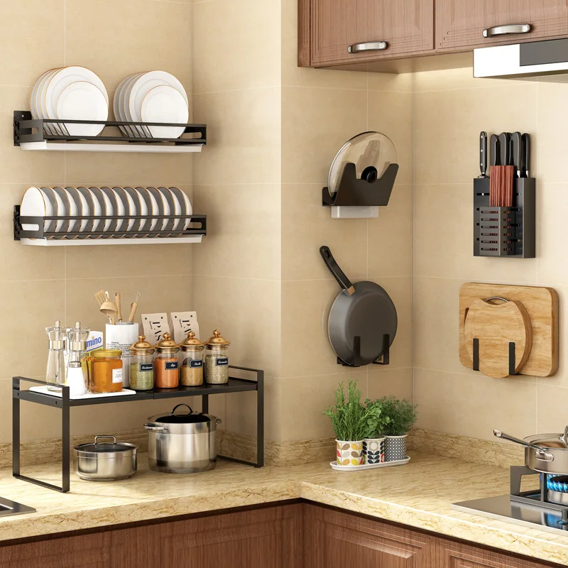 Punch-Free Kitchen Rack Wall-Mounted Black Alumimum Multi-Function Knife Rack Seasoning Rack Kitchen Organizer and Storage
Punch-Free Kitchen Rack Wall-Mounted Black Alumimum Multi-Function Knife Rack Seasoning Rack Kitchen Organizer and Storage
