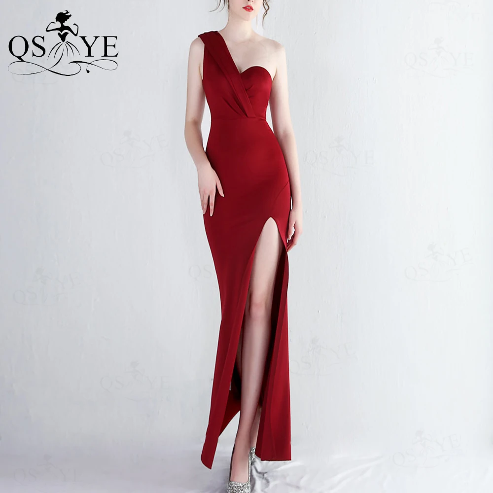 

One Shoulder Burgundy Evening Dresses Simple Sheath Stretchy Prom Gown Ruched Party Dress Sexy Split Plain Fit Red Formal Gown