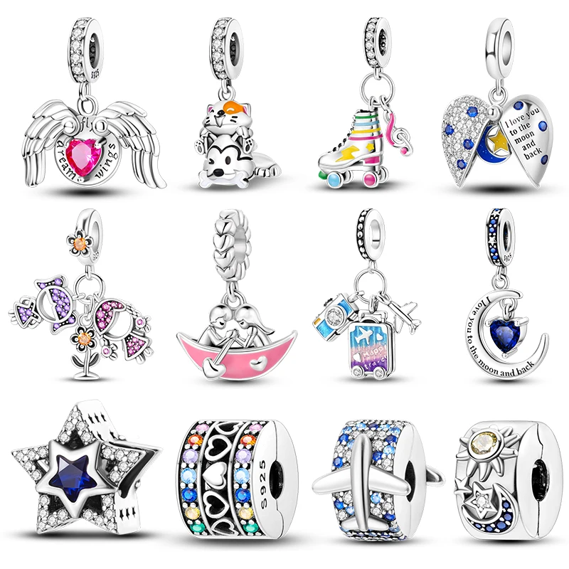 

925 Sterling Silver Pink Heart Wings Skating Shoe Aircraft Camera Charms Beads Pendant Fit Pandora 925 Original Bracelet Jewelry