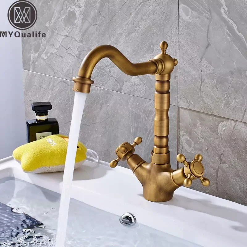 Dual Handle Swivel Bathroom Kitchen Sink Faucet Antique Brass Mixer Tap with Hot and Cold Water Deck Mounted
Dual Handle Swivel Bathroom Kitchen Sink Faucet Antique Brass Mixer Tap with Hot and Cold Water Deck Mounted