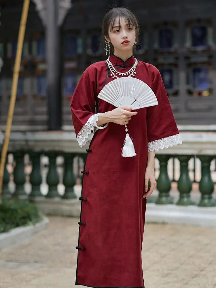 

Новинка 2023, китайское традиционное винтажное платье Ципао, женское свободное кружевное винтажное платье Ципао, красное платье Ципао