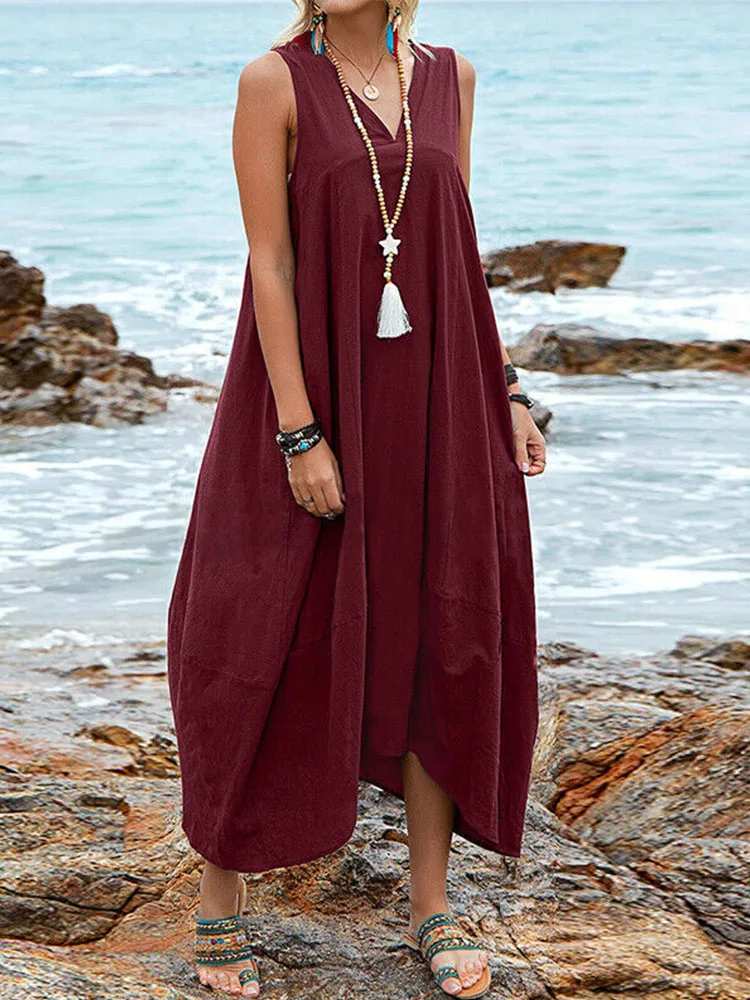 Sexy Sleeveless Pocket Solid Beach Dress Women V-Neck Tie Backless Summer Dress New Seaside Loose Flowy Asymmetric Ladies Dress
Sexy Sleeveless Pocket Solid Beach Dress Women V-Neck Tie Backless Summer Dress New Seaside Loose Flowy Asymmetric Ladies Dress
