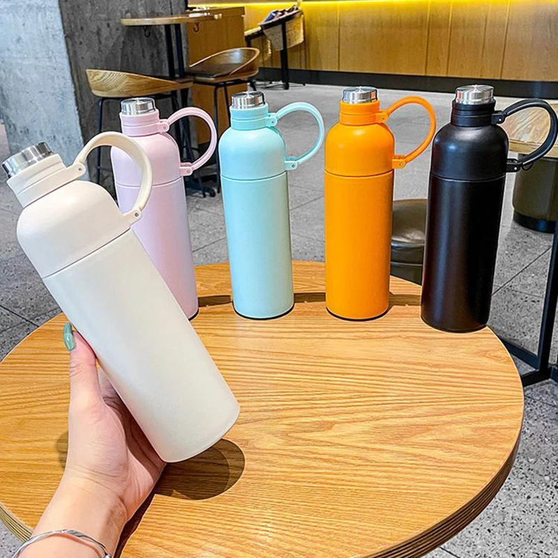 

500ml Portable Thermos with Straw Water Bottle Travel Sport Coffee Bottle Stainless Steel Double Walled Vacuum Flask Insulated