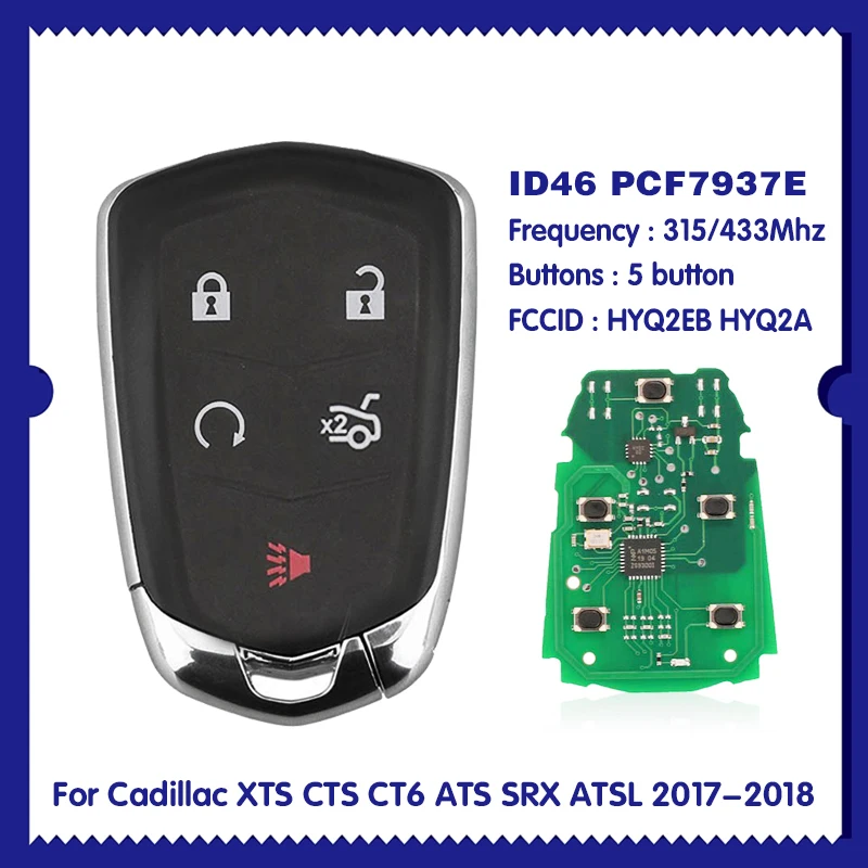 

For Cadillac XTS CTS CT6 ATS SRX ATSL 2017-2018 Smart Remote Key 5 Button Keyless Entry Fob 315/433MHz HYQ2EB HYQ2A CN030014