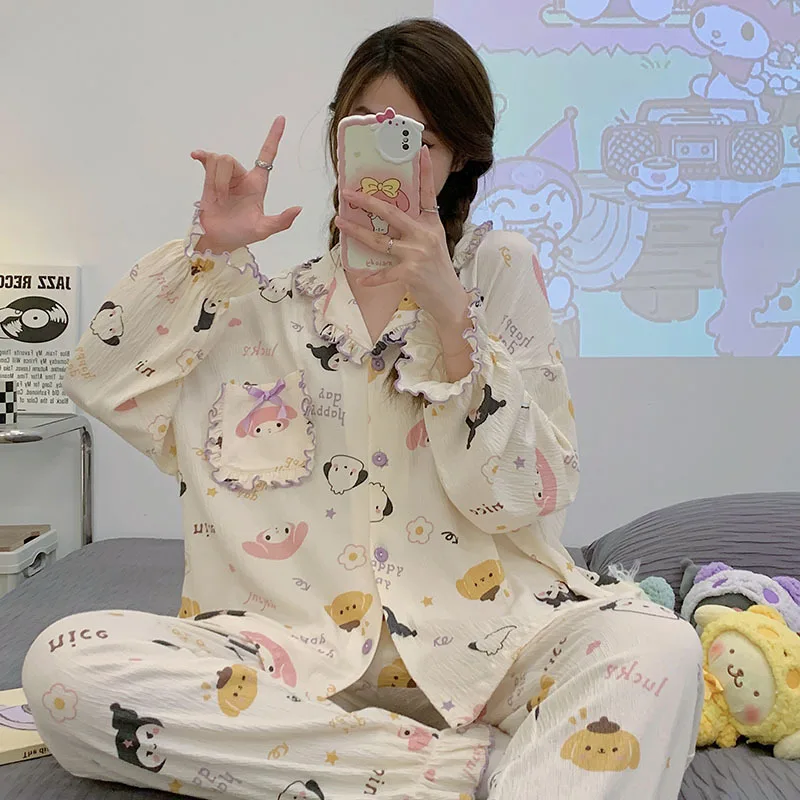 

Cinnamoroll Kawaii Anime Sanrio Pajama Cute Kuromi Pochacco Student Autumn Woven Long-sleeved Homelike Set Girl Birthday Gift