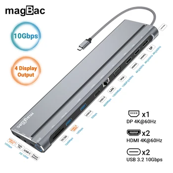 MagBac USB C Docking Station 2x HDMI 4K 60HZ DisplayPort VGA 10Gbps Type C Dock for Lenovo Dell XPS ASUS Thunderbolt 4/3 Laptop