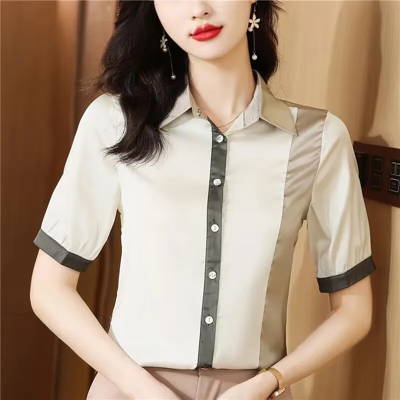 Рубашка-поло контрастных цветов, летняя одежда, шелковые атласные топы с коротким рукавом, корейская мода, женская блузка, блуза