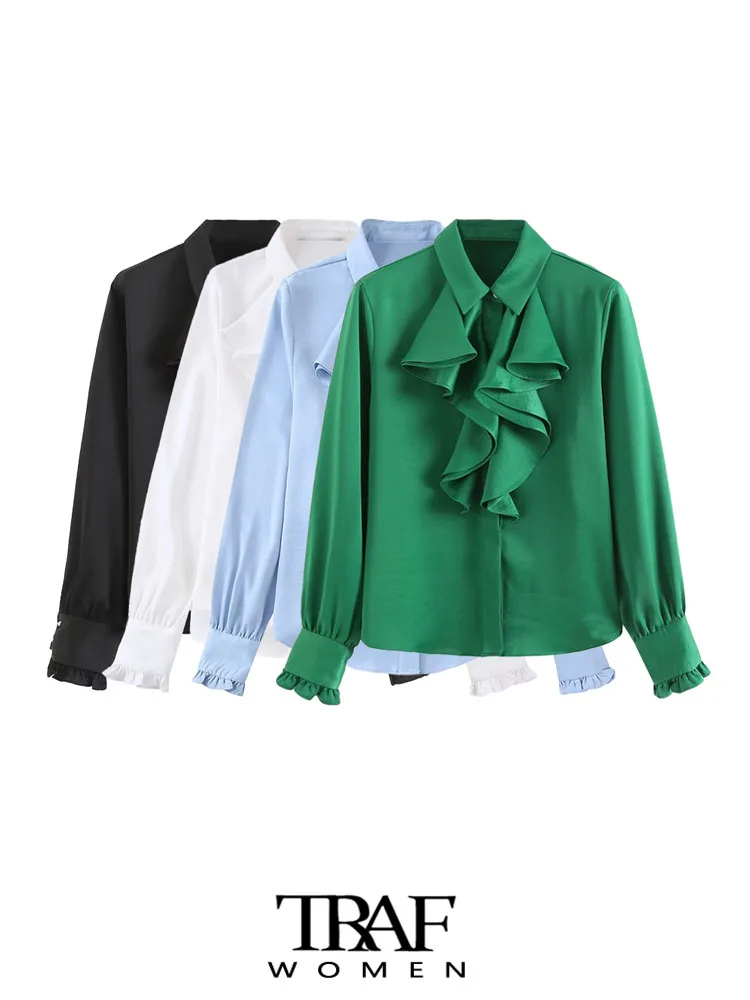 

TRAF Women Fashion With Ruffled Satin Office Wear Shirts Vintage Long Sleeve Button-up Female Blouses Blusas Chic Tops