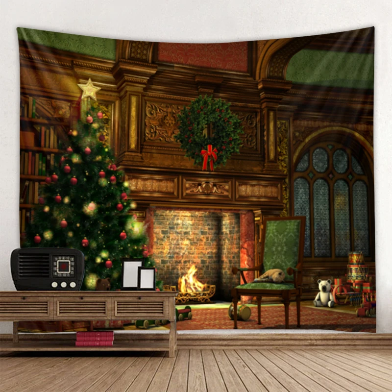 

Art Blanket Home Bedroom Living Room Decor Christmas Tree Elk Snowman Fireplace Christmas Party Tapestry