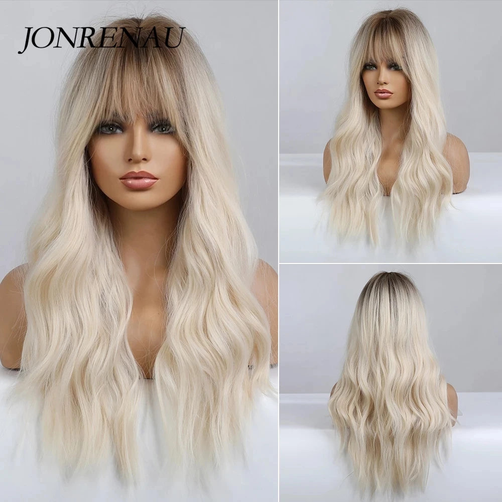 JONRENAU Synthetic Wavy Blonde Platinum Wigs For Women With Bangs Ombre Dark Long Wave Wig Party Daily Heat Resistant Fibre Hair | Шиньоны и