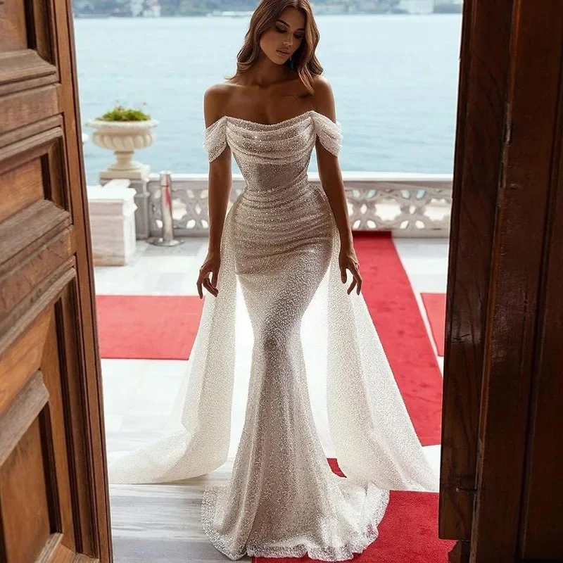 

Women Sexy White Wedding Dress A Straight Line Neck Slim Fit Buttocks Wrapped Luxurious Exquisite Women Dress Vestidos De Fiesta