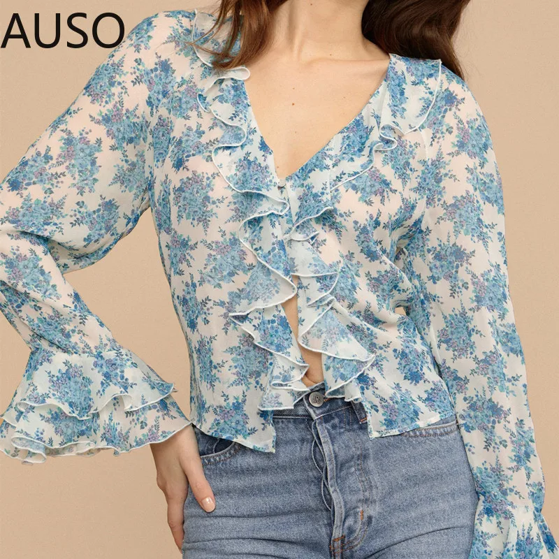 Floral Print Women's Ruffles Blouse Ladies Long Sleeve V-Neck Semi-Perspective Fresh Ladies Shirt and Tops
Floral Print Women's Ruffles Blouse Ladies Long Sleeve V-Neck Semi-Perspective Fresh Ladies Shirt and Tops