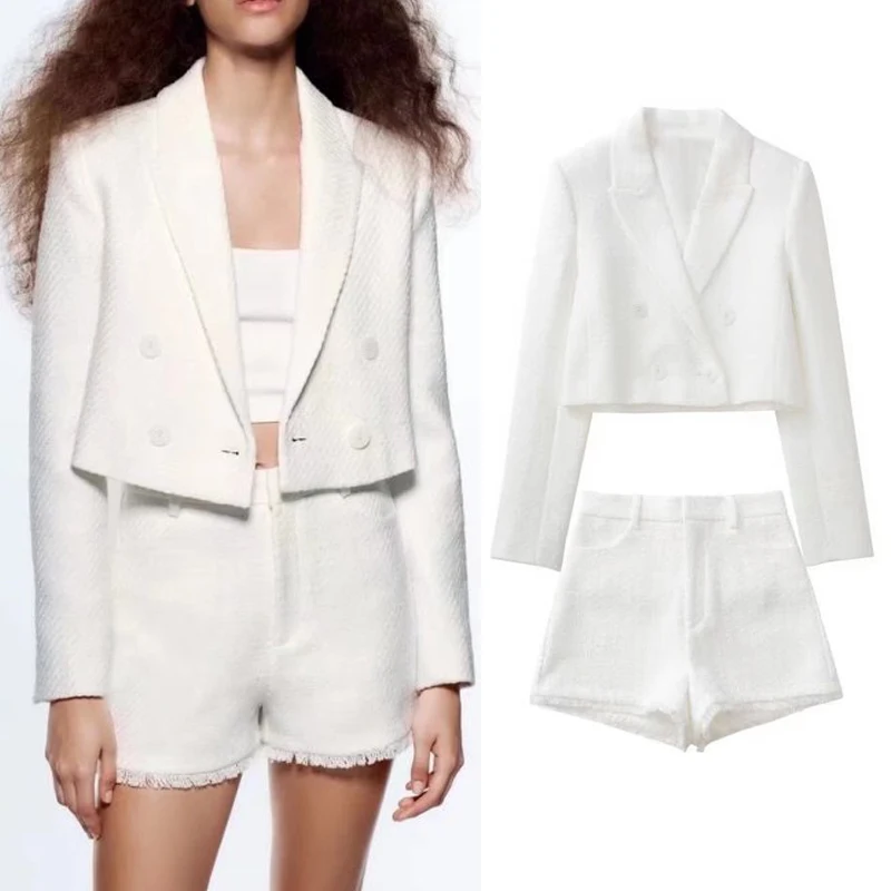 Women Fashion Single Buttons Cropped White Blazer Coat Vintage Side Pockets High Waist Shorts Female Chic Sets Clothin
Women Fashion Single Buttons Cropped White Blazer Coat Vintage Side Pockets High Waist Shorts Female Chic Sets Clothin