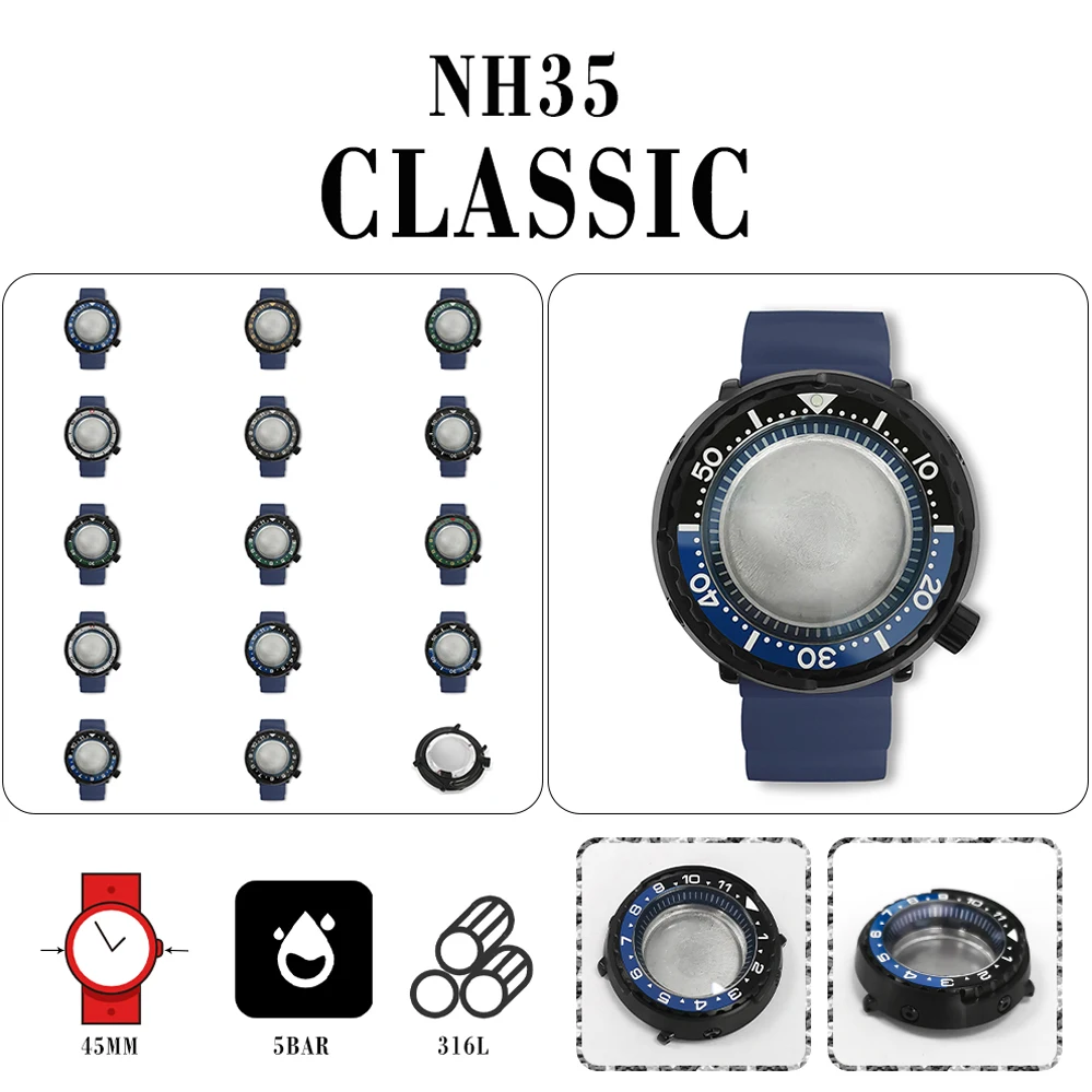 

PVD Black 45mm Watch Case Can Case+dark Blue Inner Ring+blue Rubber Strap Can Hold NH35 NH36 Movement