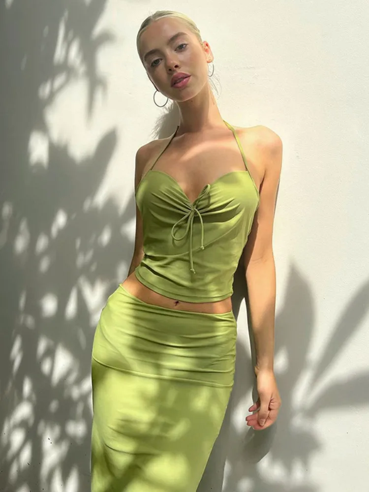 Green Sexy Two Piece Skirt Sets Neck-Mounted Conjuntos De Falda V-Neck Lace-Up Mini Tops Angle Length Beach Outfits For Women
Green Sexy Two Piece Skirt Sets Neck-Mounted Conjuntos De Falda V-Neck Lace-Up Mini Tops Angle Length Beach Outfits For Women