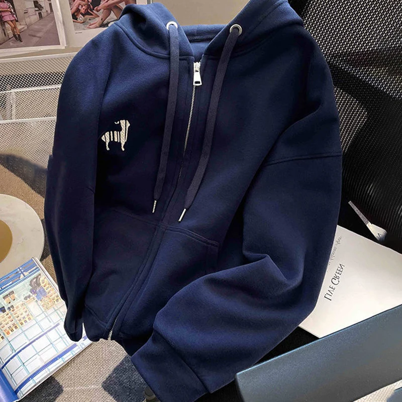 Navy Blue Loose Hooded Sweatshirt Women Autumn Long Sleeve Zipper Design Casual Coat Fashion All-Match Student Outwear 
Navy Blue Loose Hooded Sweatshirt Women Autumn Long Sleeve Zipper Design Casual Coat Fashion All-Match Student Outwear