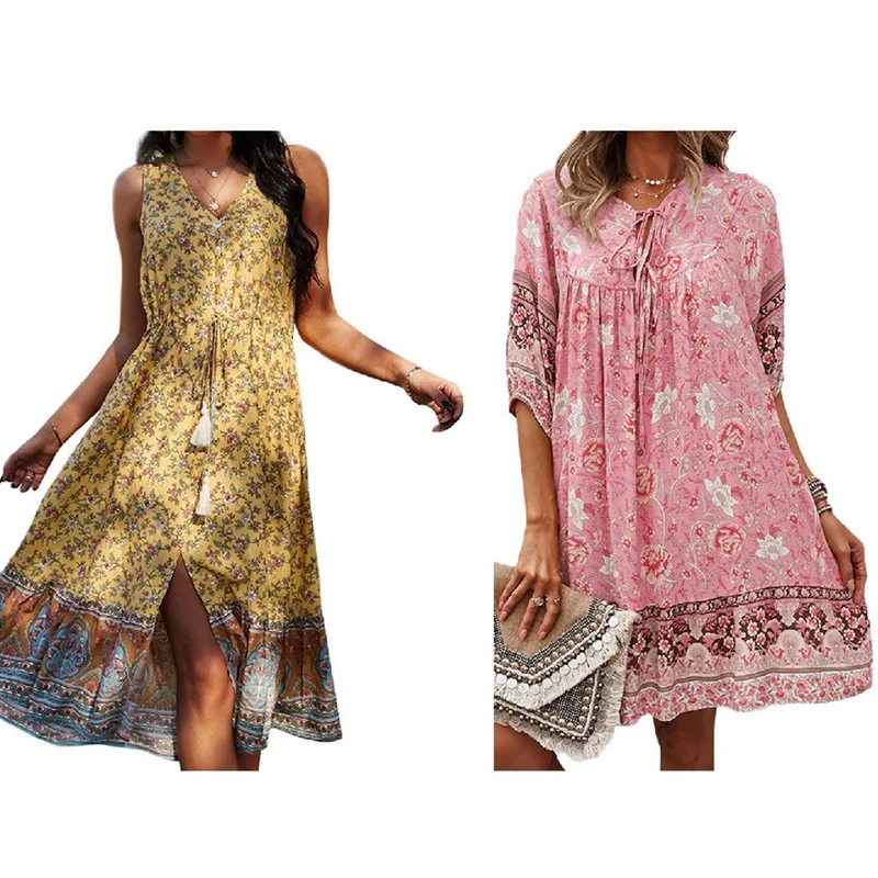 2PCS Drawstring Floral Summer Dress Yellow S With Boho V-Neck Lace-Up Floral Summer Dress Pink S
2PCS Drawstring Floral Summer Dress Yellow S With Boho V-Neck Lace-Up Floral Summer Dress Pink S